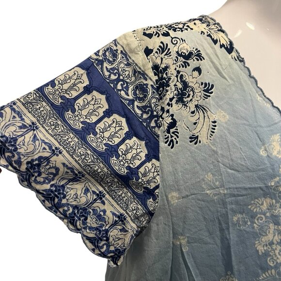 Johnny Was Floral Tunic Top Size L Blue V Neck Boho Chic Flowy Gypsy Bohemian - Picture 9 of 12